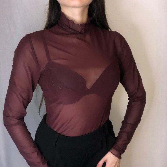 Maroon Mesh Cover Up Top, Long Sleeved Low Turtleneck - Picture 1 of 10